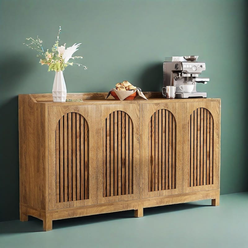 57" Kitchen Storage Cabinet with Vintage Shutter Doors and Adjustable Shelves Solid Wood Legs - 57" L x 13.8" W x 33.4" H