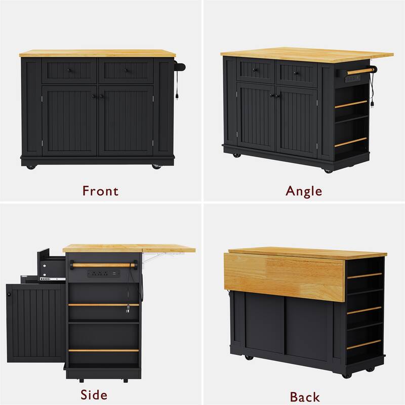 Rolling Kitchen Storage Cart on 5 Wheels with Drop Leaf,Power Outlet,Open Side Racks