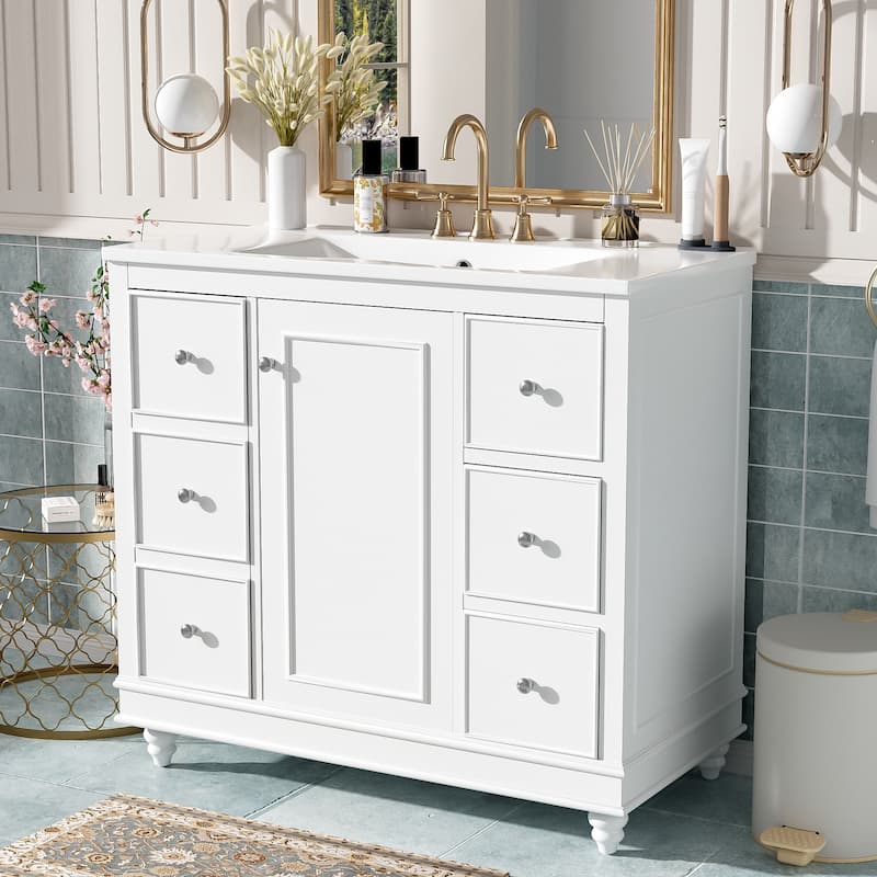 36" Bathroom Vanity with Ceramic Sink Combo, Solid Wood Frame Bathroom Cabinet