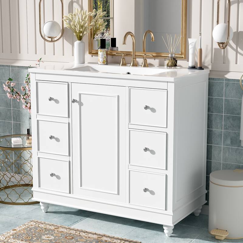 36" Modern Bathroom Vanity with Ceramic Sink - 4 Drawers & 1 Door, Adjustable Shelf - Solid Wood Frame & MDF for Bathroom