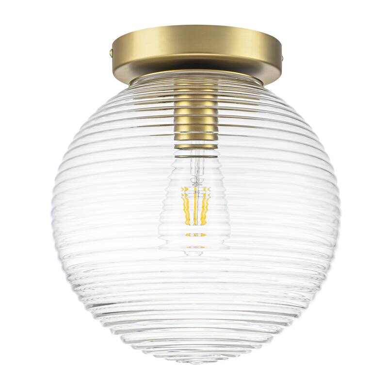 9.84 in. 1-Light Modern Brushed Gold Ribbed Clear Glass Globe Semi-Flush Mount Ceiling Light - 9.84 in. W x 10.63 in. H