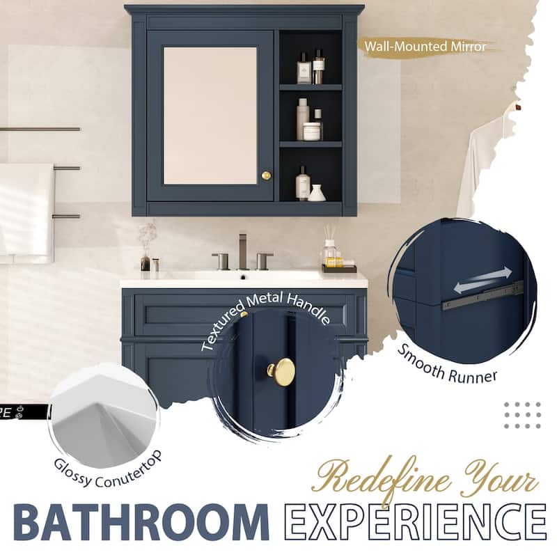 Plywood Freestanding Bathroom Vanity Set in Maple with Integrated Ceramic Sink with Mirror Cabinet - 30“ x 18"