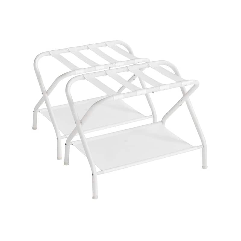 Foldable Steel Luggage Rack with Nylon Straps and Bottom Shelf for Guest Room or Hotel Use