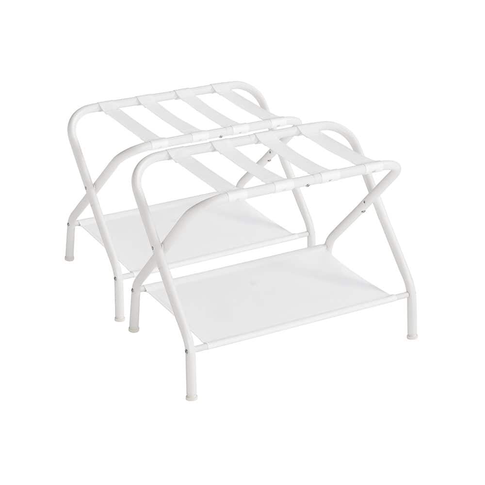 Foldable Steel Luggage Rack with Nylon Straps and Bottom Shelf for Guest Room or Hotel Use