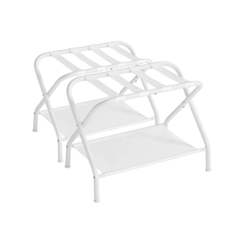Foldable Steel Luggage Rack with Nylon Straps and Bottom Shelf for Guest Room or Hotel Use - Set of 2 - White