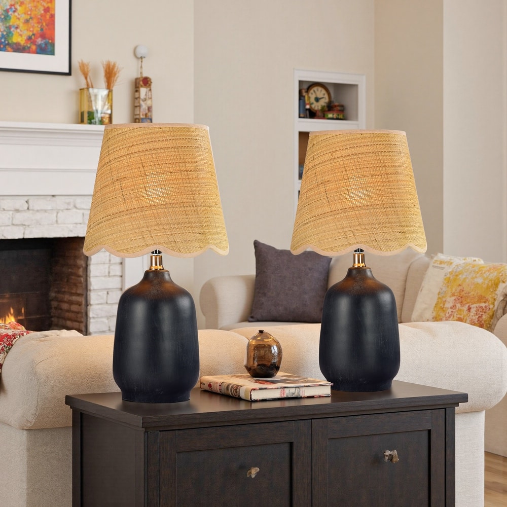 2 Pack Rustic Ceramic Accent Table Lamp with Raffia Shade