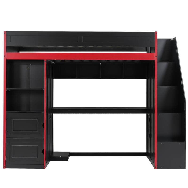 Roomfitters Twin/Full Gaming Loft Bed with Desk, Storage Locker and LED Lights, Black