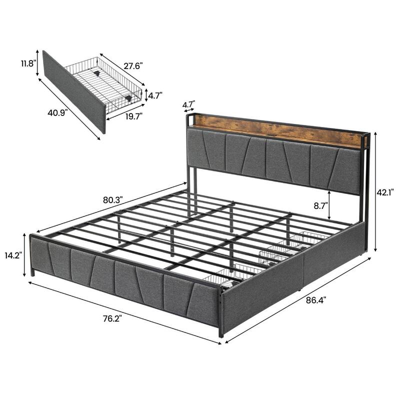 Linen Upholstered Platform Bed Frame with Drawers, Storage Headboard