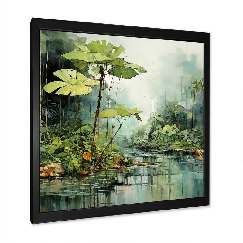 Designart "Tropical Jungle River II" Coastal Tropical Wall Decor Green Coastal Bedroom Framed Canvas Wall Art