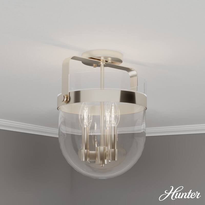 Hunter Karloff Clear Glass 3 Light Flush Mount Ceiling Light - Rustic, Industrial, Transitional - Brushed Nickel
