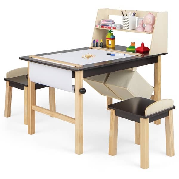 slide 2 of 10, Costway Kids Art Table & Chairs Set Wooden Drawing Desk with Paper - See Details Coffee + Natural - See Details