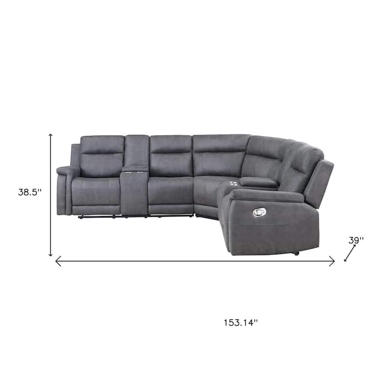 HomeRoots Gray Faux Leather Reclining Curved Corner Sectional With Console