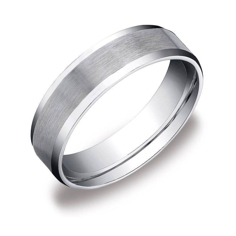 Men's White Gold 6mm Plain Wedding Band with Satin Center and Beveled Sides