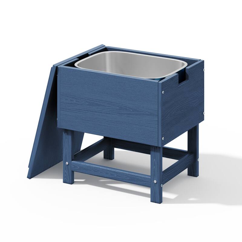 Outdoor Patio Weather Resistant HDPE Coffee & Side Table, Build-in Stainless Steel Cooler Bucket - Navy