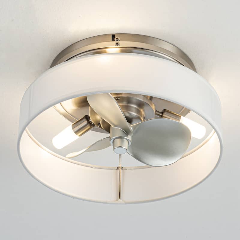 12.6-inch Brushed Nickel Fabric Caged Flush Mount Ceiling Fan with Light and Remote - Brushed Nickel