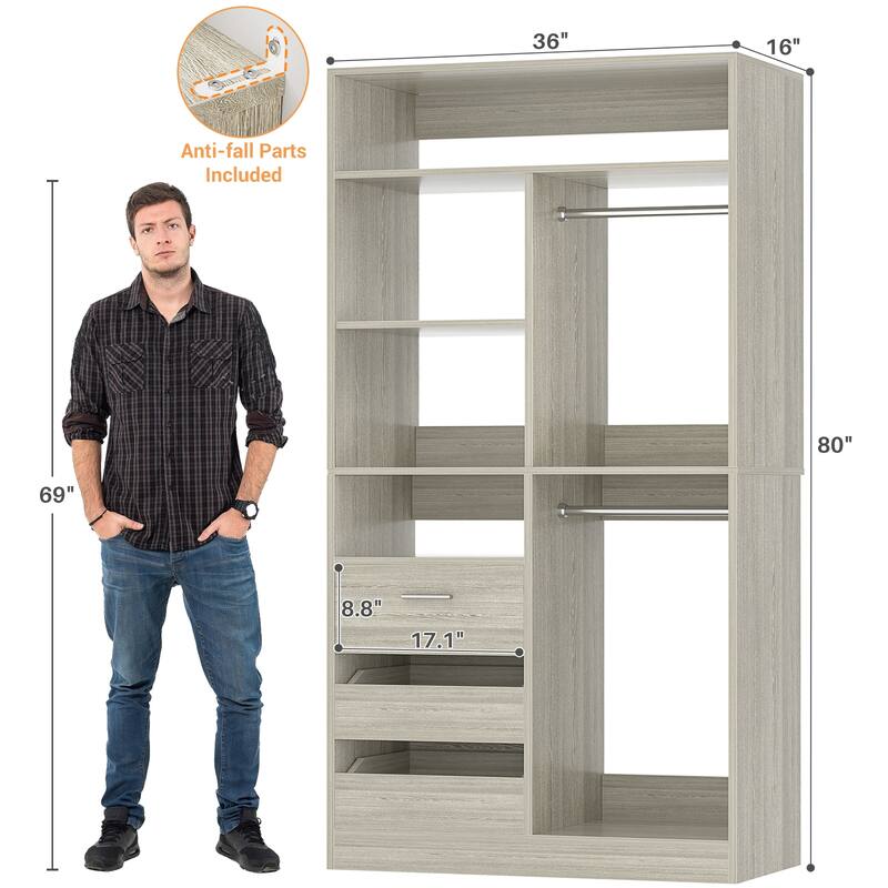 36" Freestanding Closet System With 3 Drawers and 2 Hanging Rods,Multi-Purpose Wardrobe Closet Rack
