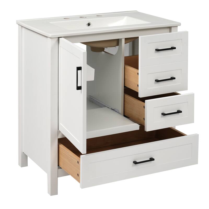 Multifunctional Storage Cabinet Bathroom Vanity with Removable Pull-out Tray, Door Storage Box and 3 Different Sizes Drawers