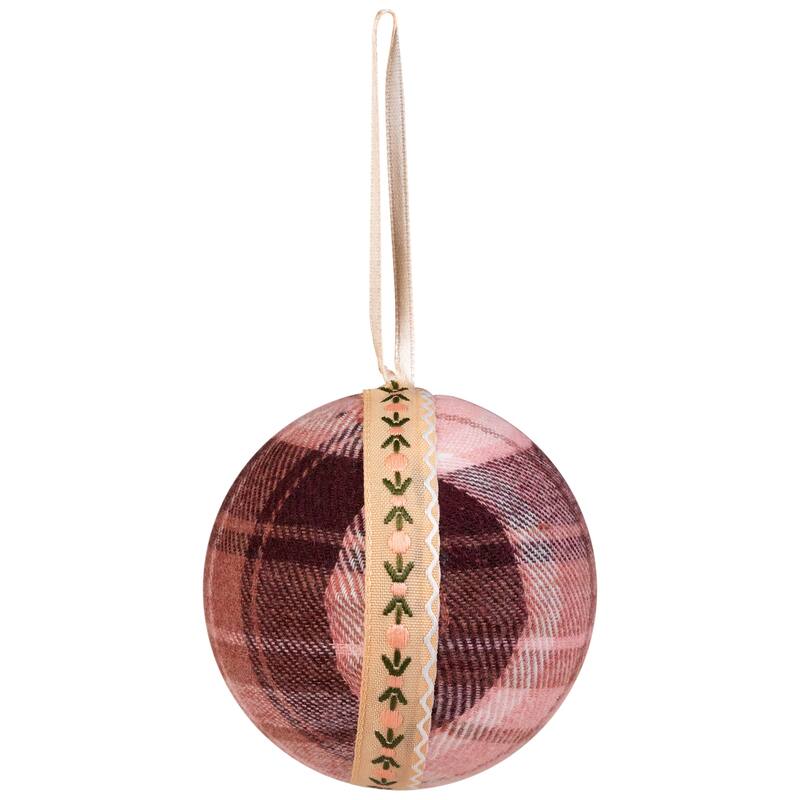 Plaid and Striped Christmas Ball Ornaments - 2.75" - Burgundy and Peach - Set of 4