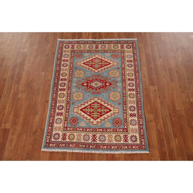 Light Blue Kazak Accent Rug Handmade Wool Carpet - 3'4"x 4'9"