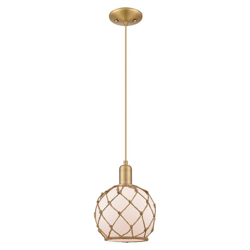 Innovations Lighting Endless Possibilities Arcadia - Farmhouse Rope - 1 Light 8" Cord Hung Mini Pendant - White Glass with Brown Rope/Brushed Brass