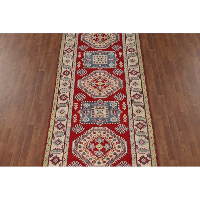 Red Geometric Kazak Runner Rug Handmade Oriental Wool Carpet - 4'1" x 13'8"
