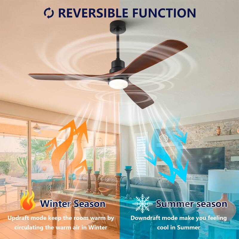 60 Inch Modern Ceiling Fan With 3 Color Dimmable 3 Solide Wood Blades Remote Control Reversible DC Motor With Led Light