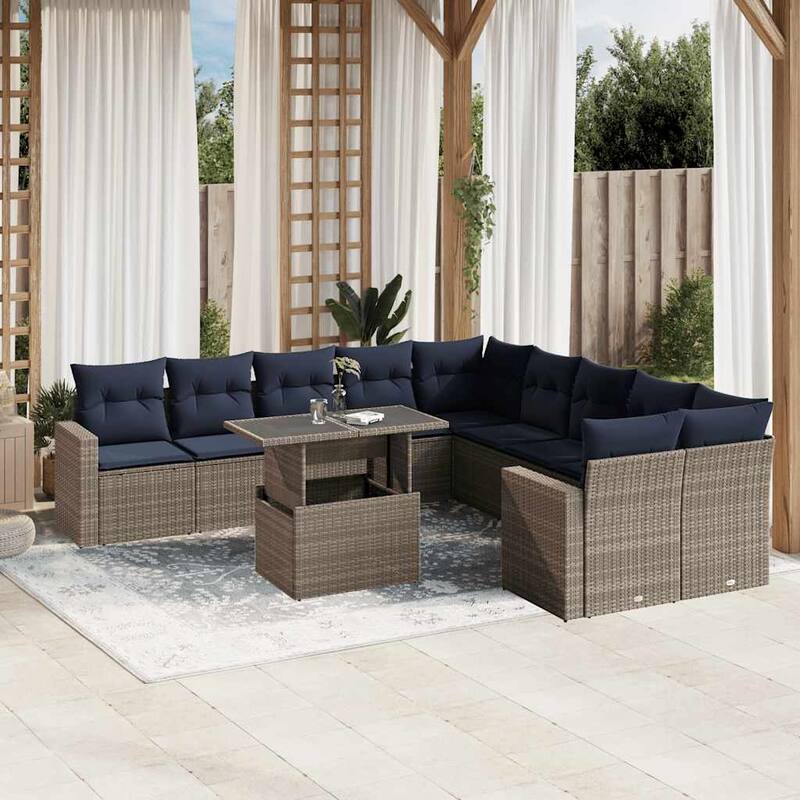 vidaXL Patio Sofa Set with Cushions and Table Outdoor 11 Piece Poly Rattan - 24.4 x 24.4 x 27.2 - Gray