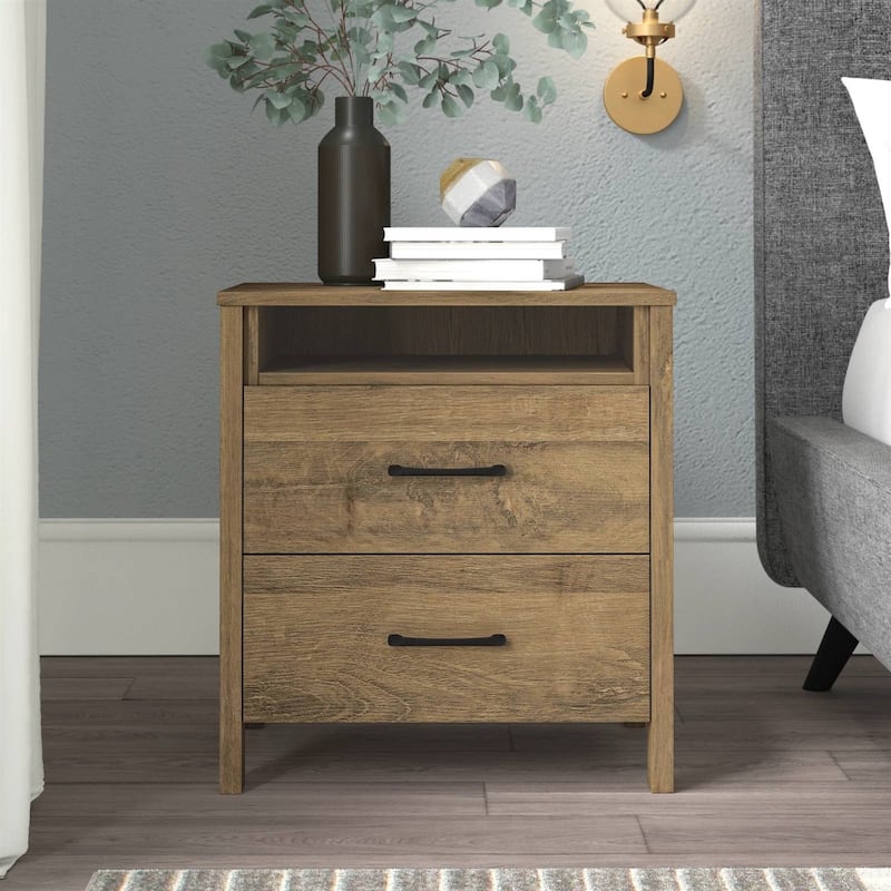 Modern 2-Drawer Bedside Table Nightstand with Shelf Wood Minimalist Bedroom Furniture