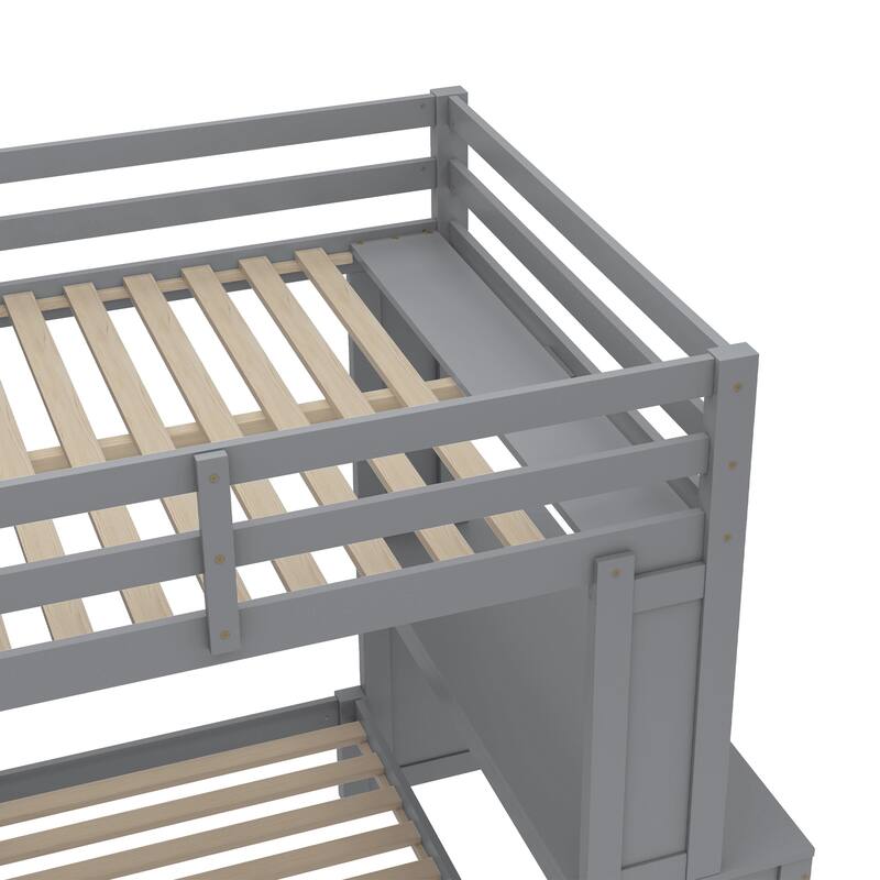 Roomfitters Full/Queen Solid Wood Bunk Bed with Dismountable Lower Bed, Desk, Shelves & Wardrobe, Convertible Loft