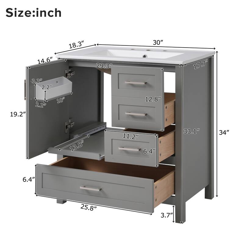 30" Modern Bathroom Vanity Set with Ceramic Sink - Soft-Close Doors & 3 Drawers, Storage Cabinet with Removable Tray