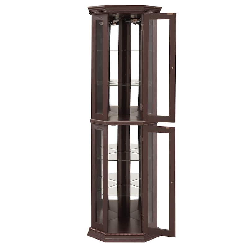 Lighted Corner Curio Cabinet Glass Display Shelf Tempered Doors Adjustable Shelving White