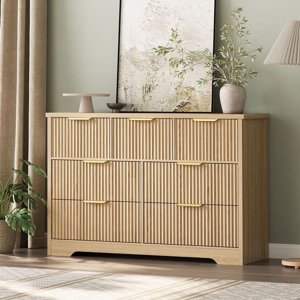 modern fluted dresser IdealHouse 5 Drawer for Bedroom - 43.3 Inch Tall Vertical Chest of Drawers with Golden Metal Handles as if carefully carved art texture Arden Oak Dresser | Modern
