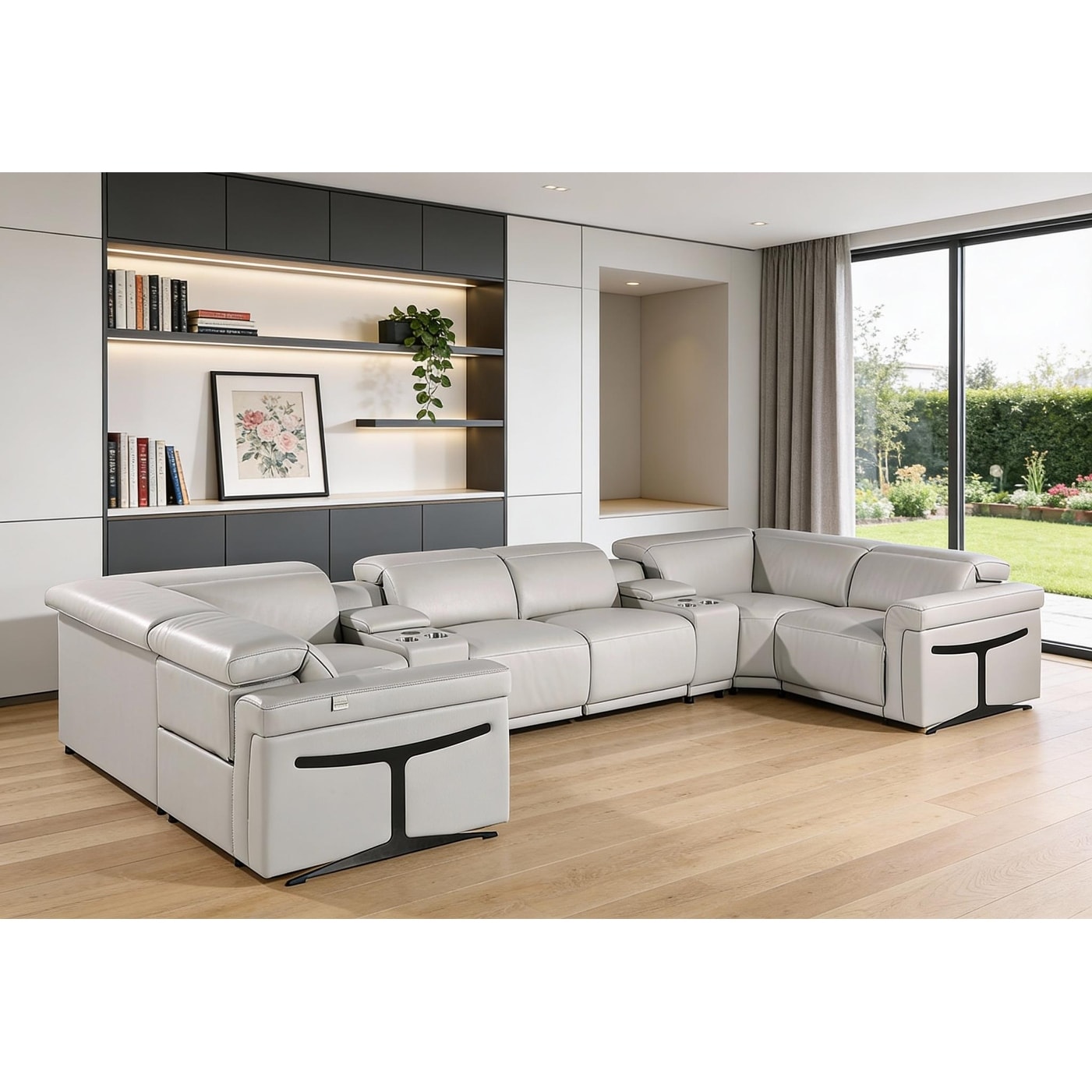 HomeRoots Light Gray Italian Leather Power Reclining U Shaped Eight Piece Corner Sectional With Console