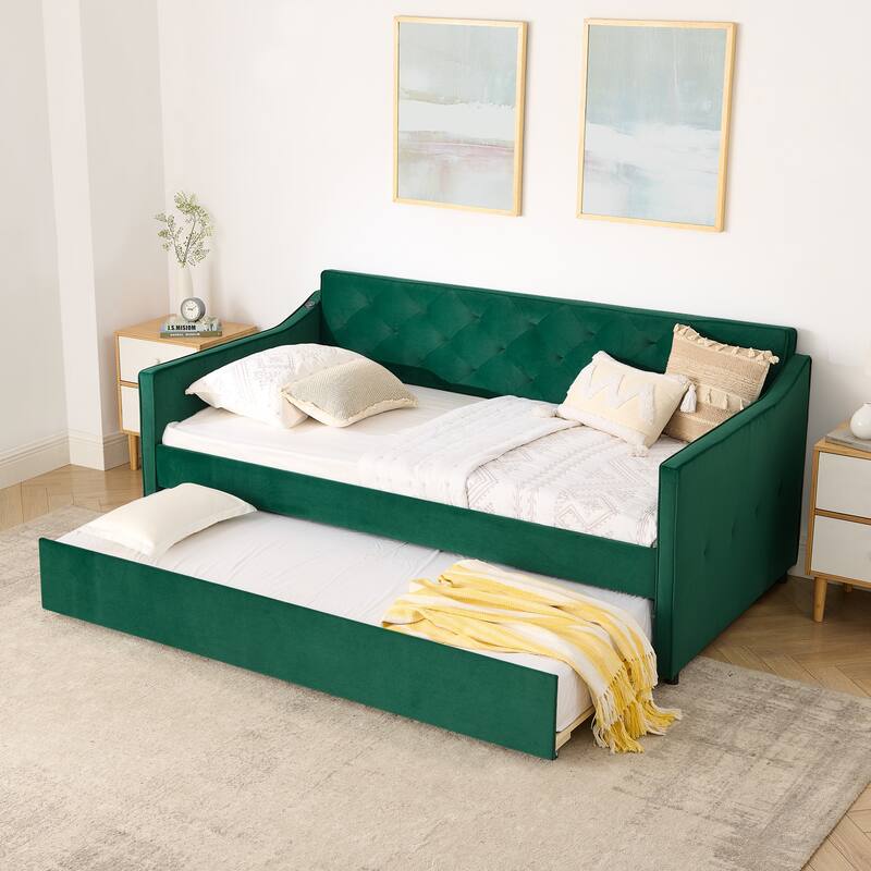Twin Upholstered Daybed with Pop-Up Trundle & USB Charging Ports