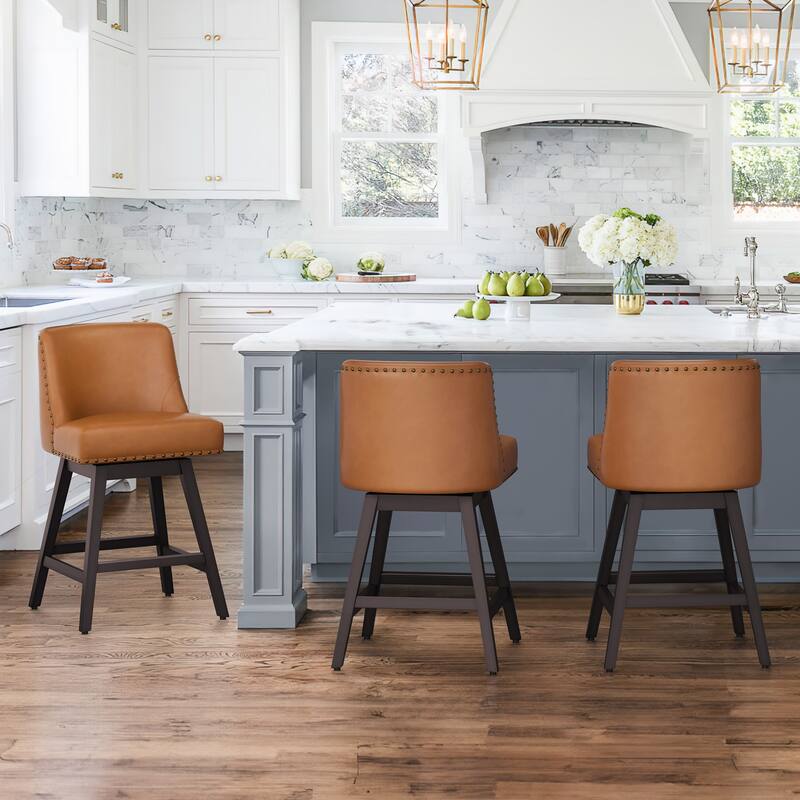 26 in. H Counter Height 360 Free Swivel Bar Stools Upholstered Wooden Counter Stools with Back - Set of 3 - Brown