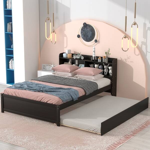 slide 2 of 5, Full Size Bed with Pull-Out Trundle and Built-In Bookcase Headboard, Pine Wood Frame with Sturdy Slats Espresso