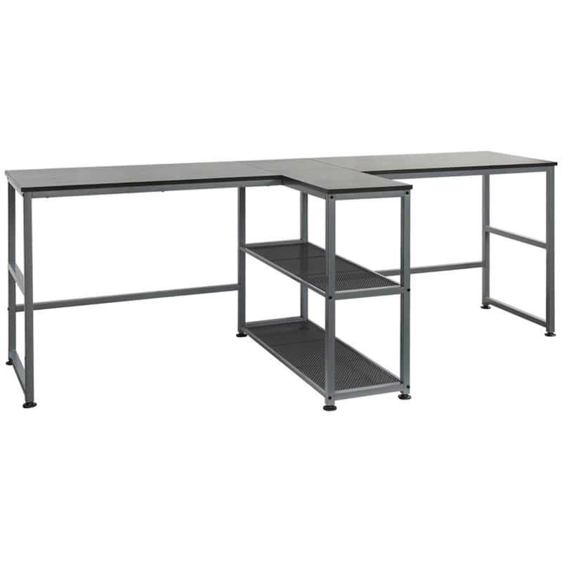 Double Workstation Desk with Storage Shelves Two Person Computer Table with Steel Frame for Home Office Study Room - Grey