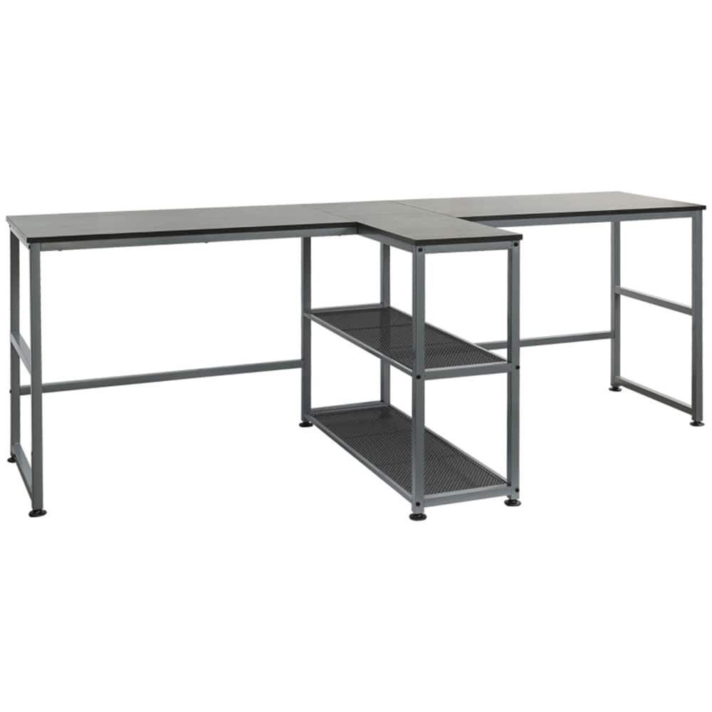 Double Workstation Desk with Storage Shelves Two Person Computer Table with Steel Frame for Home Office Study Room