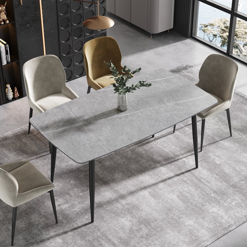 63" Modern Sintered Stone Dining Table,Solid Black Carbon Steel Base