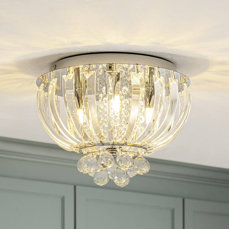 3-Light Transitional Metal & Crystal Flush Mount with Sparkling Clear Crystal Shade for Living Room - 11.8 in. W x 8 in. H
