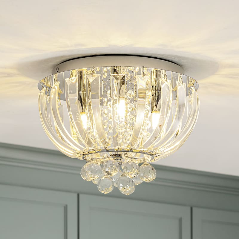 Rennnsan 3-Light Transitional Metal & Crystal Flush Mount with Sparkling Clear Crystal Shade for Living Room