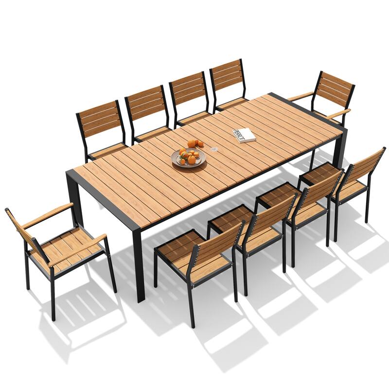 11-Piece Outdoor Patio Dining Set Wood Like Table Top Aluminum Rectangular Umbrella Hole Table with Stackable Chairs