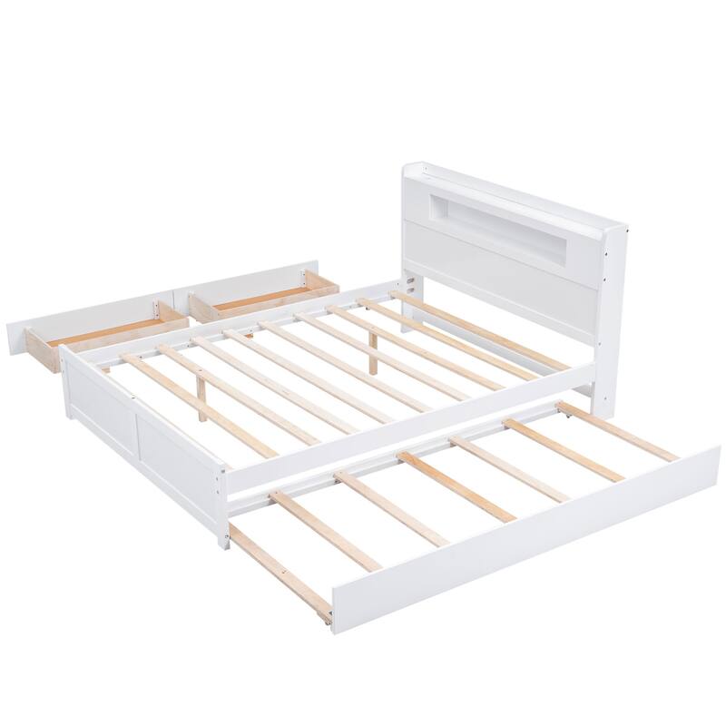 Queen Size Wood Storage Platform Bed with LED, 2 Drawers and 1 Twin Size Trundle, Gray