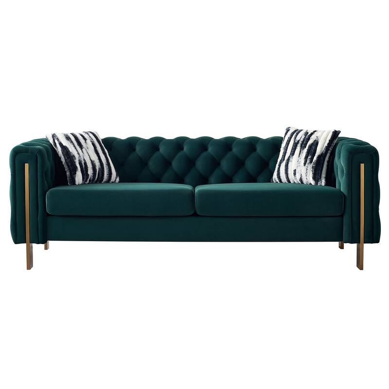 Chesterfield Tufted Velvet Couch with Gold Legs, Includes 2 Toss Pillows for Living Room - Green
