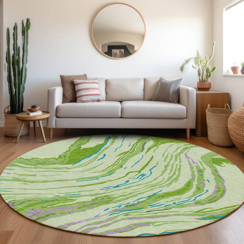 Machine Washable Indoor/ Outdoor Modern Wave Chantille Rug - Green - 8' x 8'