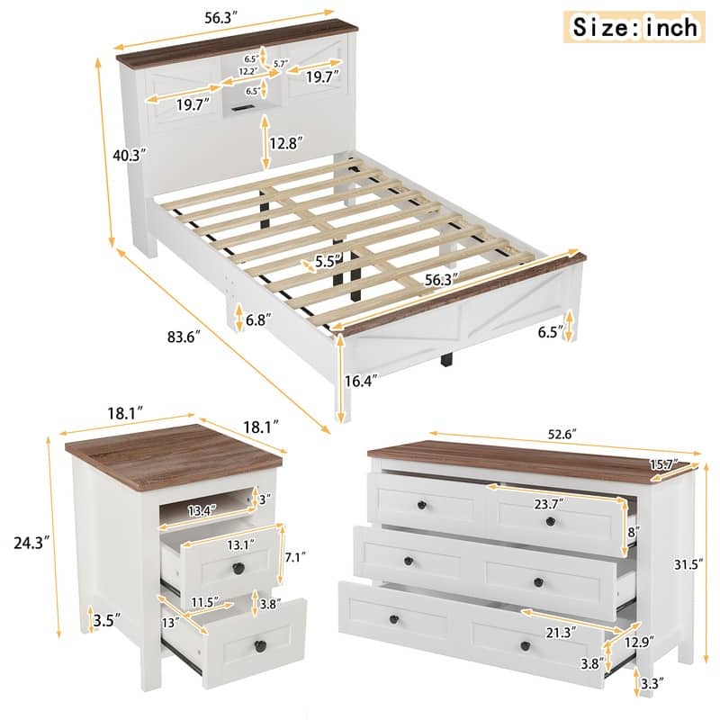 3-Pieces Farmhouse Bedroom Sets, Platform Bed with Sliding Door Storage Headboard and Charging, Nightstand and Dresser