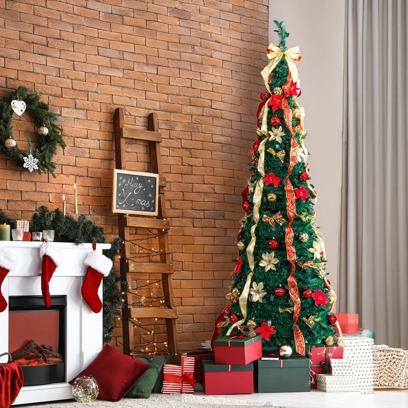 7 FT Fully Decorated Pre-lit Pop Up Artificial Xmas Tree with 200 Warm Lights Remote Control