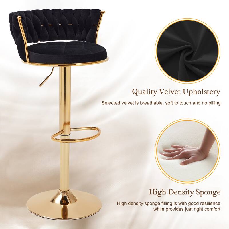 Javlergo Bar Stools Set of 2, Velvet Swivel Bar Stools, Adjustable Height Barstool with Woven Back & Footrest