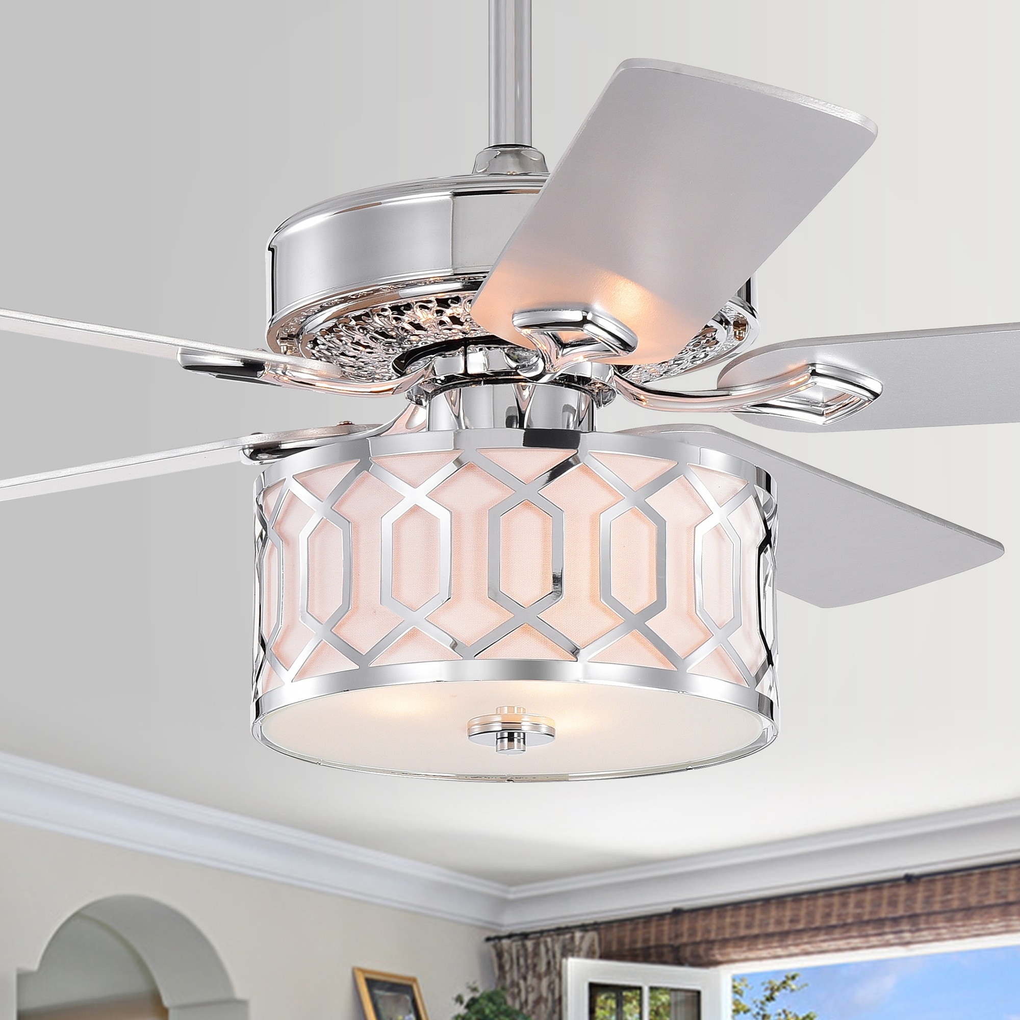 Warehouse of Tiffany Muzanne Chrome 52-Inch 5-Blade Geometric Pattern Metal/Plastic Lighted Ceiling Fan