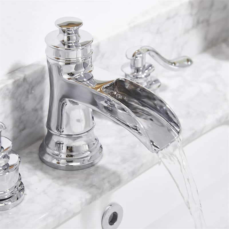 Double Handle Widespread Bathroom Faucet With Drain Assembly Waterfall Bathroom Sink Faucets 3 Holes 8 Inch Modern Vanity Taps